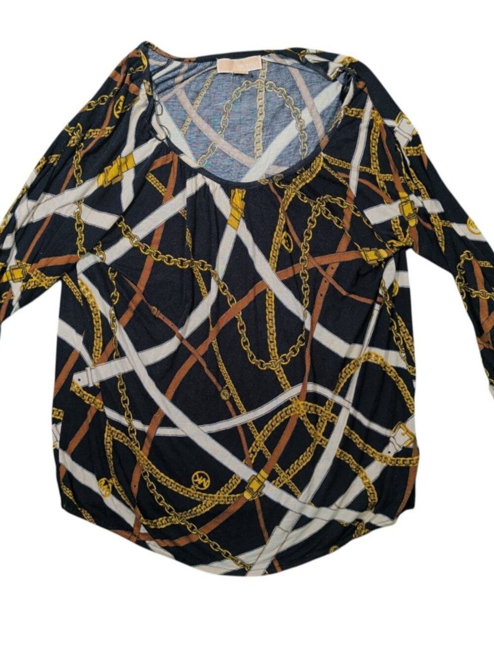 Michael Kors Womens Chain Link Print Top Dolman Sleeve Scoop Neck Black Gold L